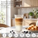 INSETLAN 20oz Hobnail Glass Cups with Lids and Glass Straws – 4 Pcs, Thick-Walled Clear Glass Tumblers for Iced Coffee, Smoothies, Milk, Water, Juice, and More – Elegant and Durable Drinking Glasses