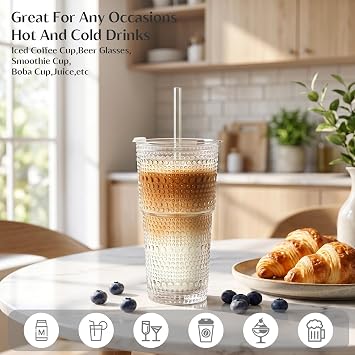 INSETLAN 20 oz Hobnail Glass Cups with Lids and Glass Straws 4 Pieces, Thick-Walled Glass Tumblers for Iced Coffee, Smoothies, Milk, Water, Juice, and More Elegant and Durable Drinking Glasses