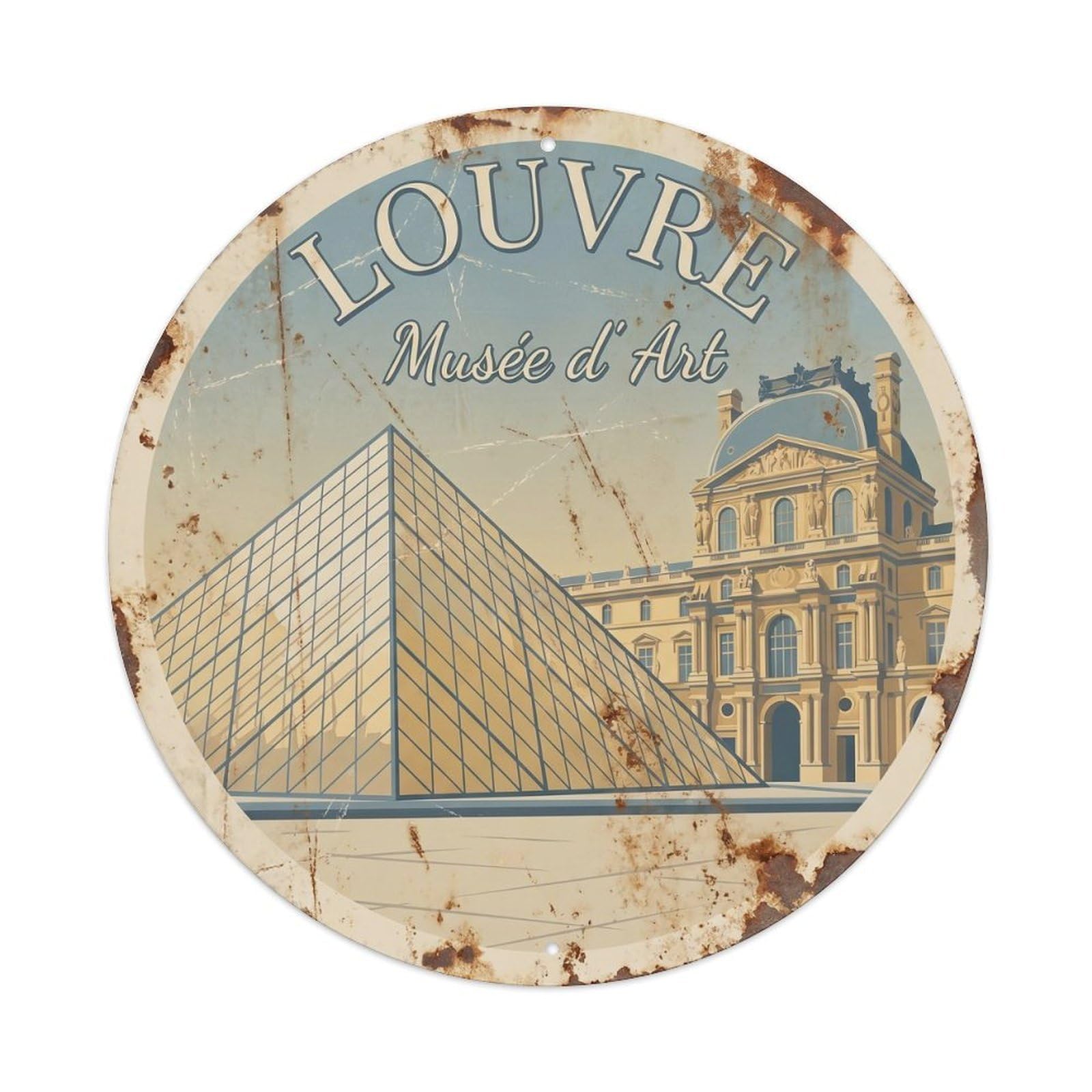 Vintage Travel Louvre Museum Paris 1 Metal Tin Sign Plaque Wall Decor for Cafe, Club, Garden Round Metal Poster 8x8Inch