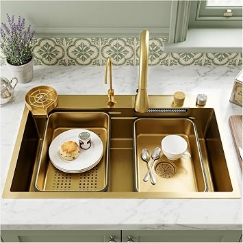 75 x 45 cm Golden Stainless Steel Farmhouse Sink, 5 Hole Undermount Kitchen Sink with Accessories