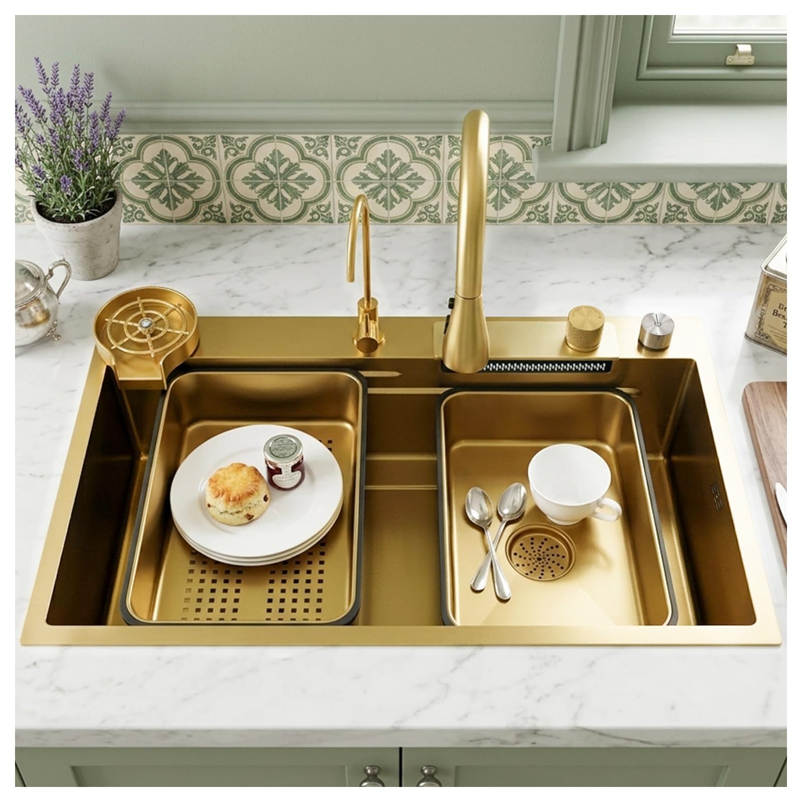 ZQFHSX KOOGIDDR 68 x 45 cm Golden Stainless Steel Sink Nano Kitchen Sink, Multifunctional Bar with Accessories such as Extendable, 1 Basin, Built-in 5 Tap Holes