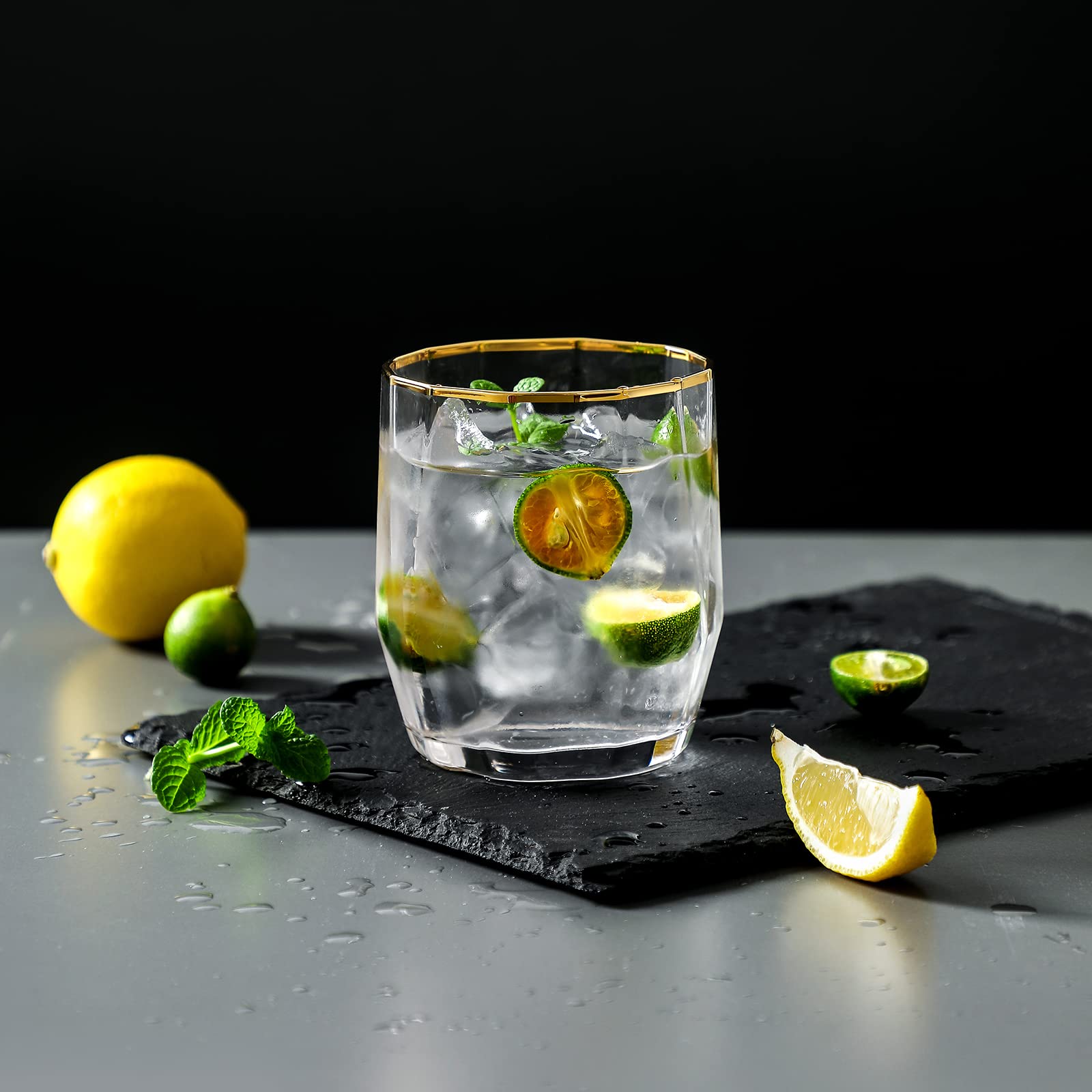 Juego de 6 vasos de copa de oro con borde de 14 onzas, cristalinos y bonitos vasos Highball para mojito, cóctel, agua, cerveza, coque, soda y bebidas mixtas