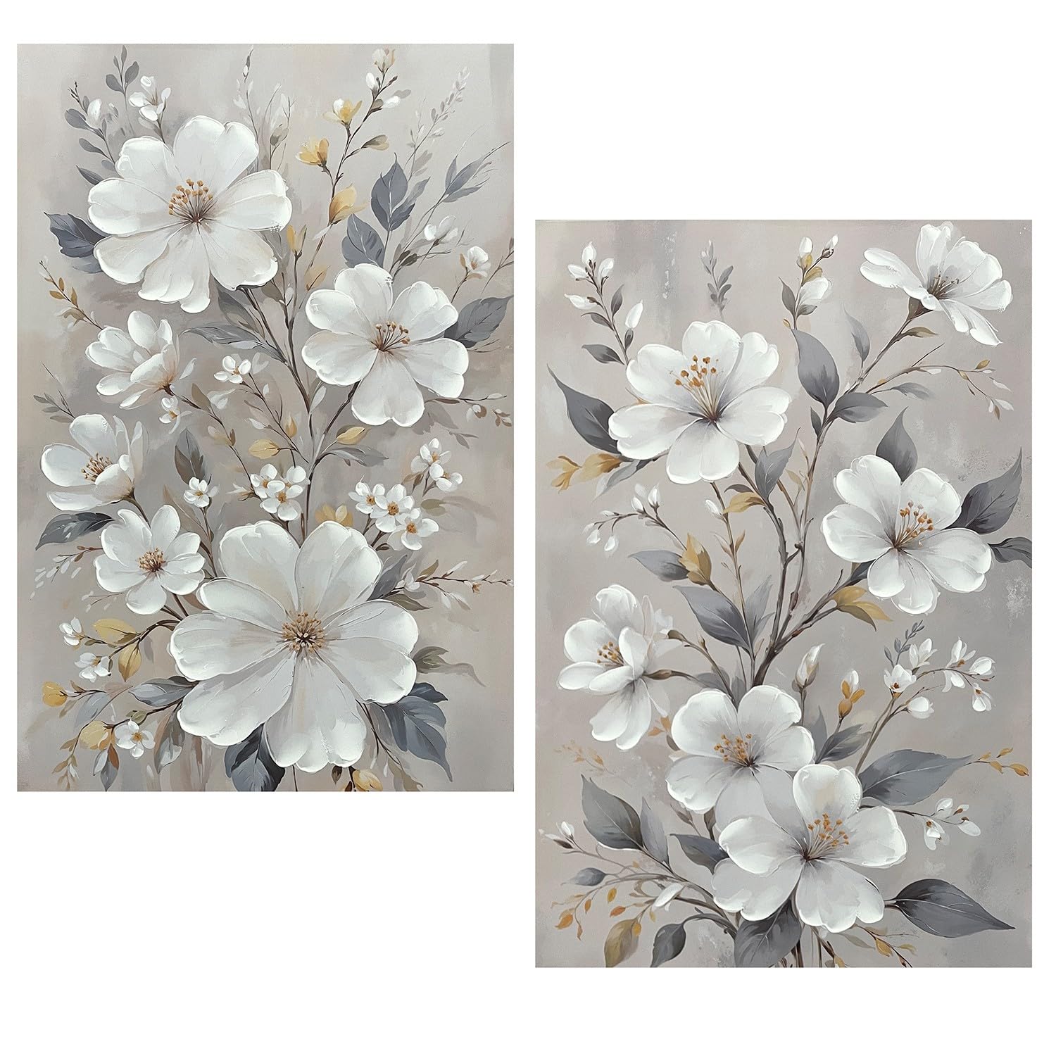 Tableau sur toile avec fleurs peintes à la main blanc et gris DRW 60x90cm