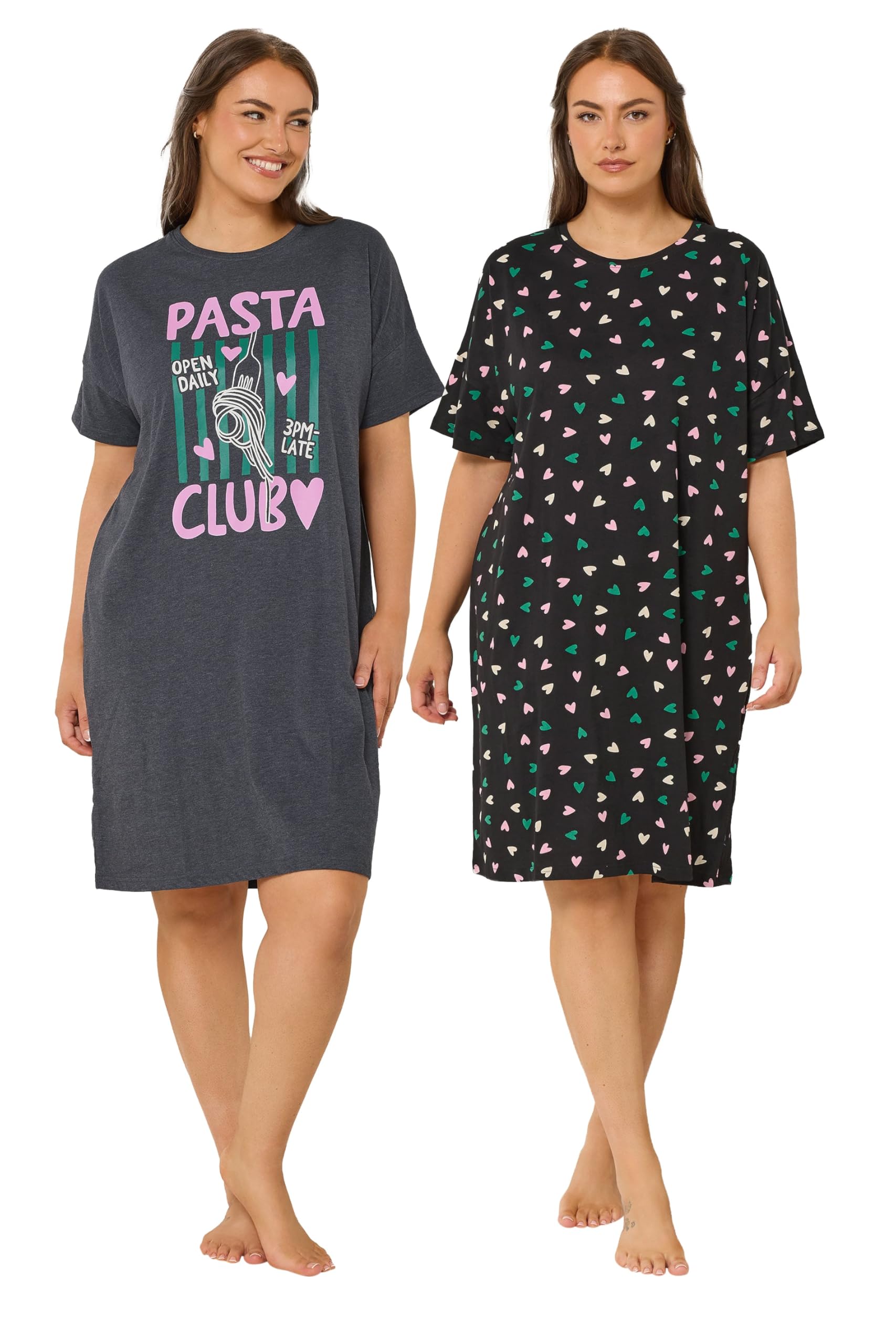Yours Women's Dark Grey Yourset 2 Pack Curve Grey 'Pasta Club' Sleep Tee Nightdresses - Plus Size Curve