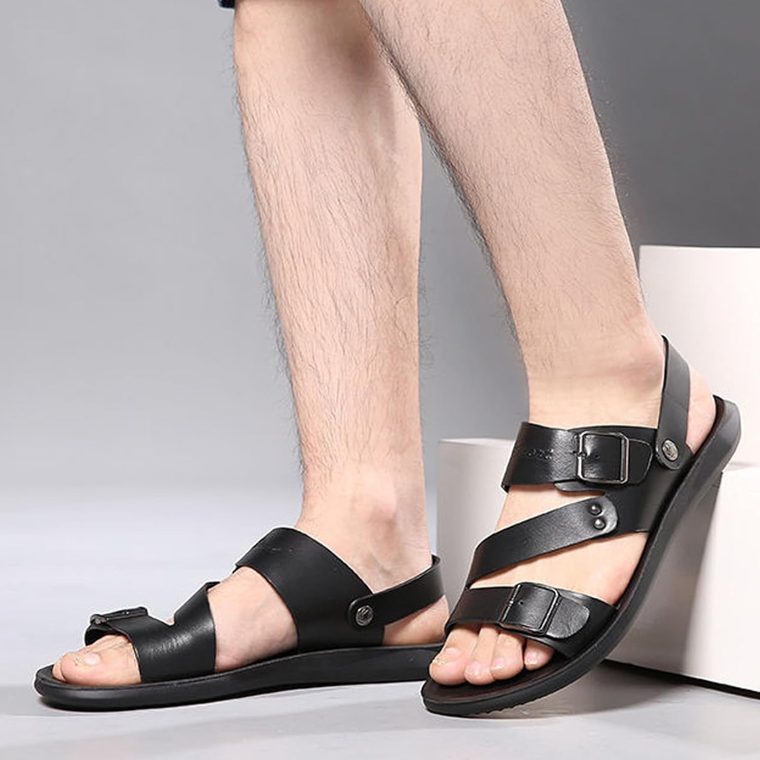 Men's Leather Buckle Casual Flat Sandals with Adjustable Dual use Ankle Straps Slip-On Beach Sandals Open Toe Non-Slip Soft Comfortable Slide Sandals - Image 2