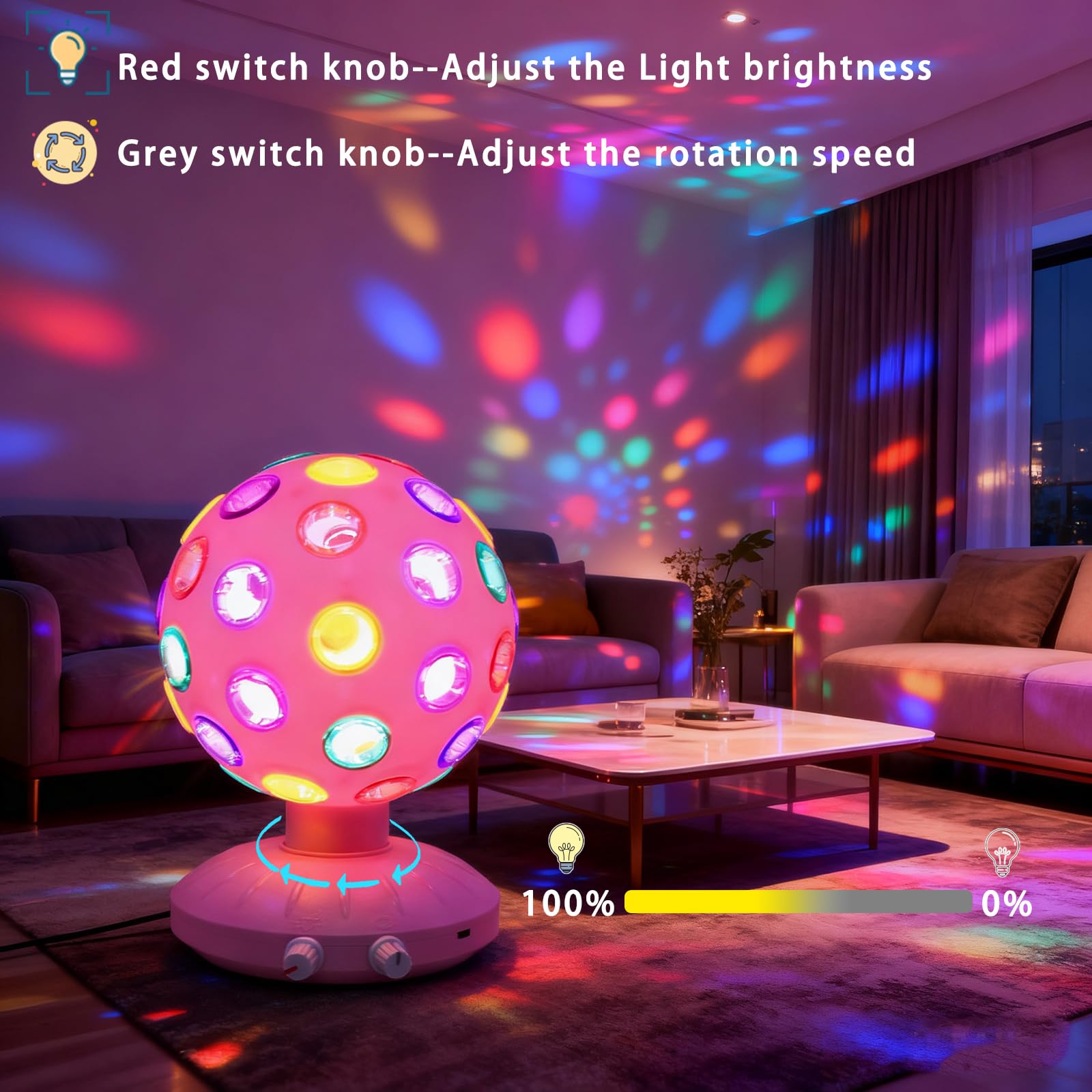 Boule disco de 15,2 cm, vitesse de rotation et luminosité réglables, lampe stroboscopique avec câble USB pour anniversaire d'enfants, décoration de Noël (alimentation par piles USB/AA) (rose)