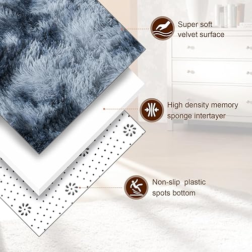 Miniatura 2 de TWINNIS Alfombras grandes de pelo largo de 4 x 6 para sala de estar, dormitorio, teñido anudado azul y gris, alfombras de felpa súper suaves para