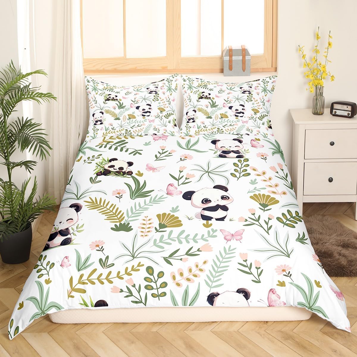 Cute Panda Duvet Cover Set Full Size,Kawaii Black White Panda Leaves Plant Comforter Cover with 2 Pillowcases,Cartoon Animal Pink Butterfly Breathable Bedspread for Boys Teens