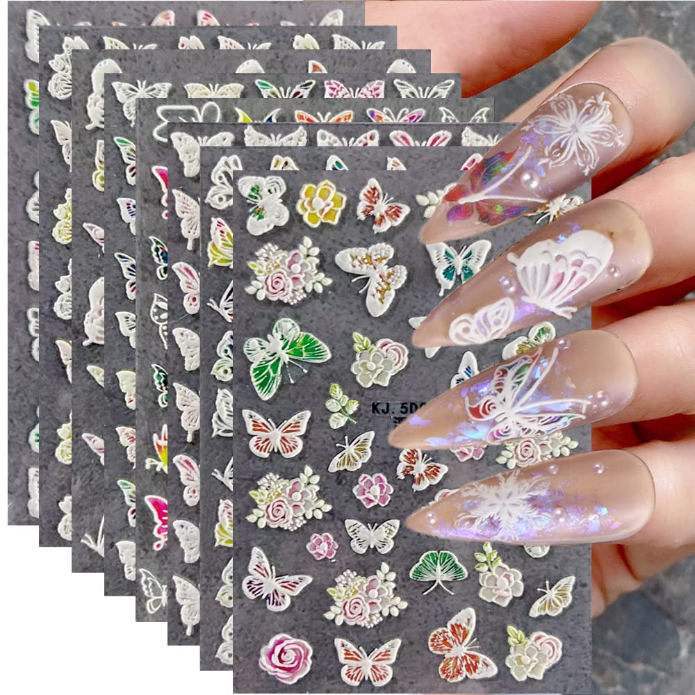 5D Embossed Butterfly Nail Stickers for Acrylic Nails, 8 Sheets Engraved Butterfly Nail Decals Summer Nail Art Supplies Colorful Butterflies Nail Designs Butterfly Flower Nail Stickers for Women