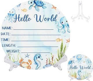 Acrylic Baby Birth Announcement Sign with Stand, Under The Sea Animal Theme Double-Sided Newborn Name Board, Hello World Milestone Card for Welcome Baby Hospital Nursery Gift Photo Prop