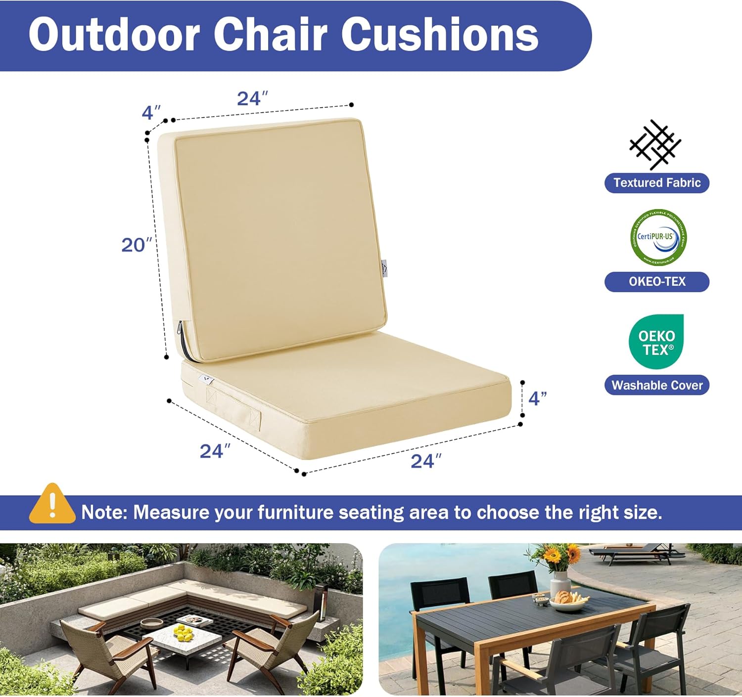 Outdoor Seat Cushion Set 24 x 24 x 4 Inch, Outdoor Cushions for Patio Furniture, Waterproof & Fade Resistant Outdoor Chair Cushions, Deep Seat Cushions with Removable Cover, Beige