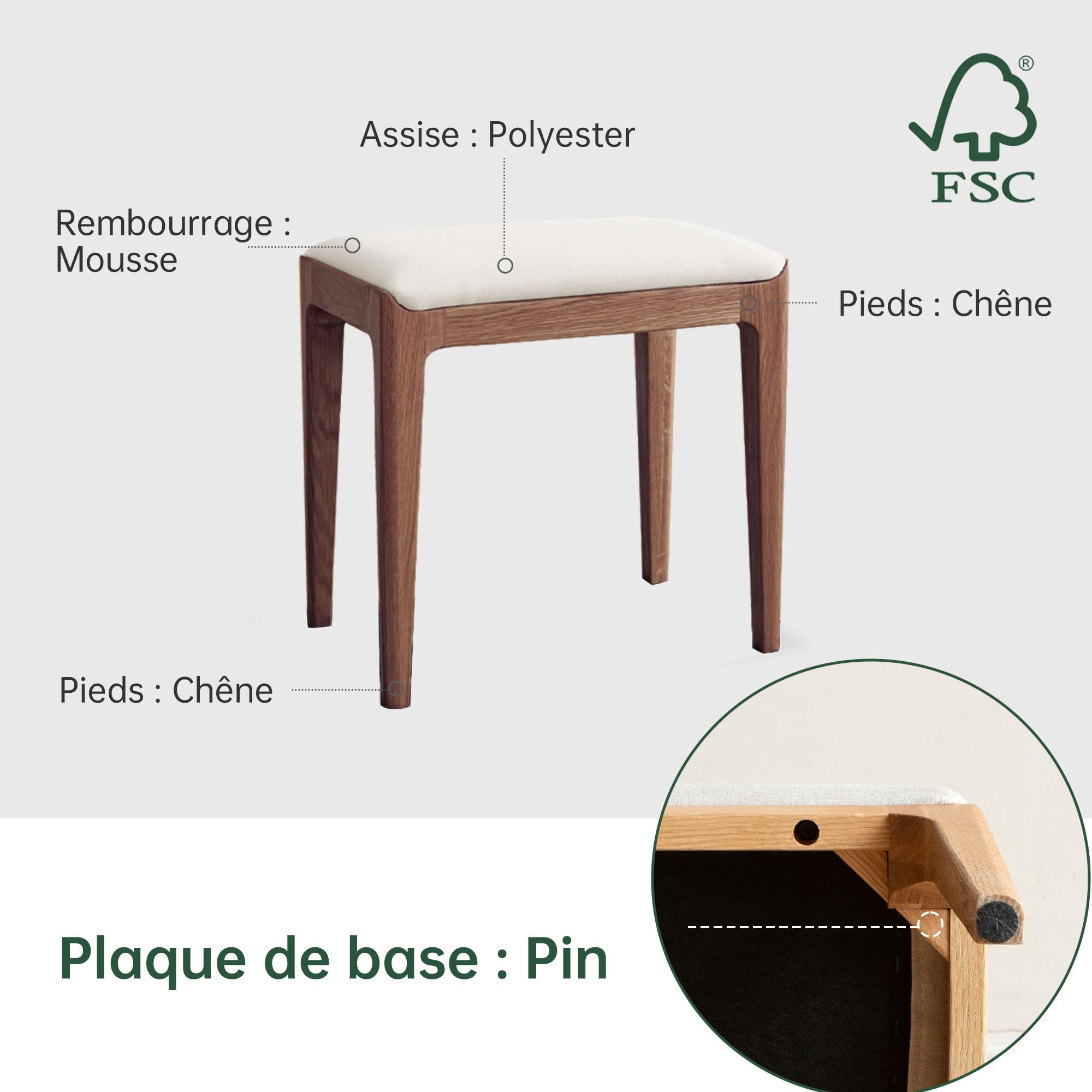YESWOOD Tabouret de Coiffeuse en Bois de Chêne Massif, Livré Monté, Chaise de Coiffeuse Style Moderne, pour Chambre, Coiffeuse, 43 x 30 x 42 cm, Noyer