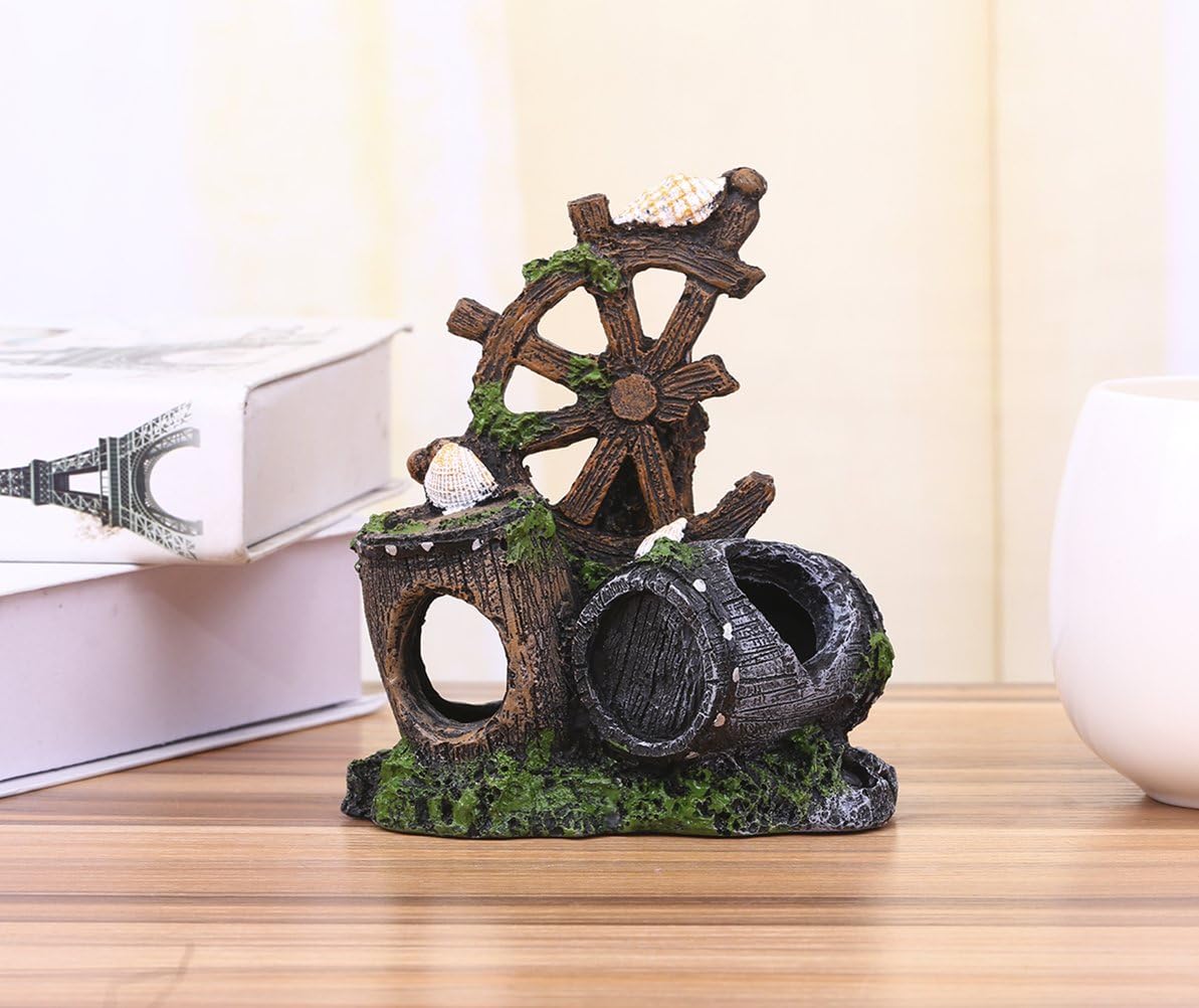 Charmly Broken Rudder Broken Barrel Aquarium Fishbowl Ornament Fish Tank Resin Decorations Aquatic Caves Hide Hut 5.5" High