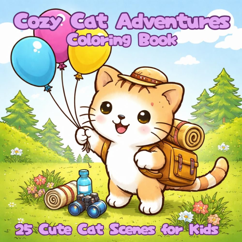 Cozy Cat Adventures Coloring Book: 25 Cute Cat Scenes for Kids