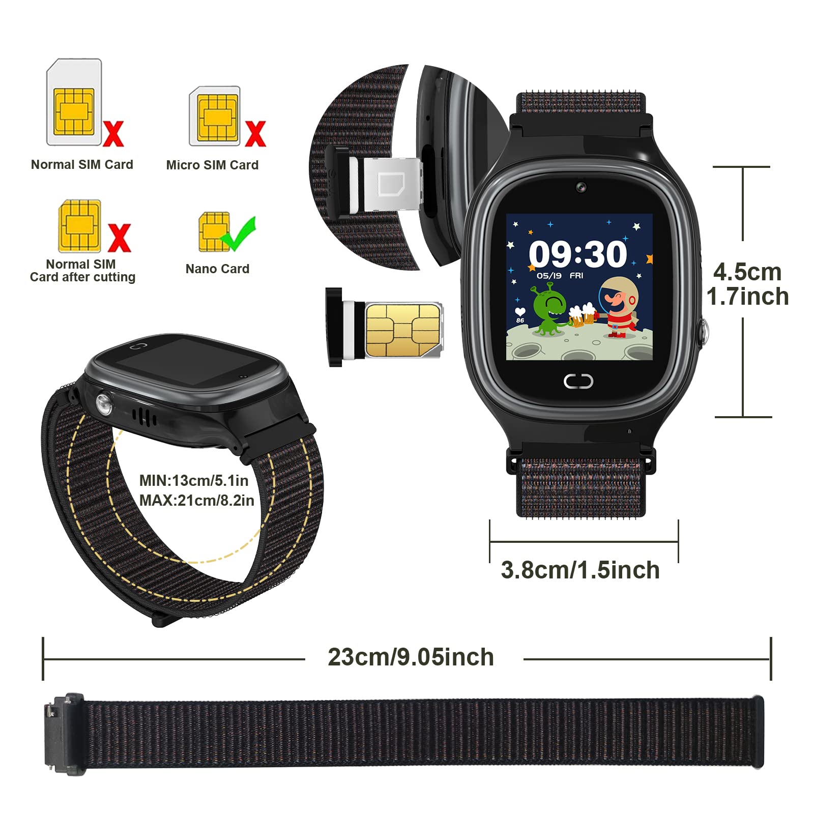 PTHTECHUS Enfants Montre Intelligente Étanche, Montre Mobile LBS Anti-Perte de Traqueur de Montre Intelligente Positionnement, Sécurité de SOS Appelez La Caméra à Distance Appel à DeuxVoies, Le Noir