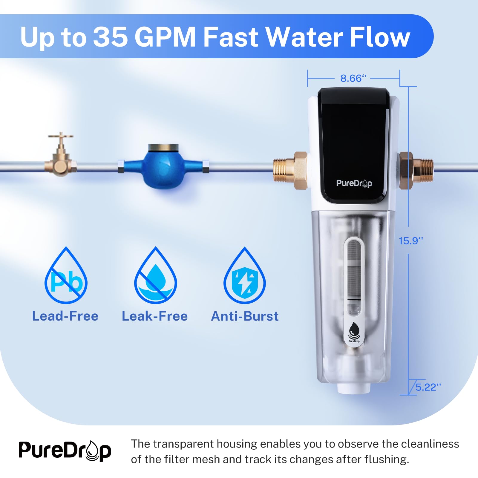 PureDrop PDR-ARB100WSP - Filtro de agua de sedimentos giratorio, módulo de descarga automática con pantalla táctil, filtro de sedimentos reutilizable para toda la casa para agua de pozo con raspador