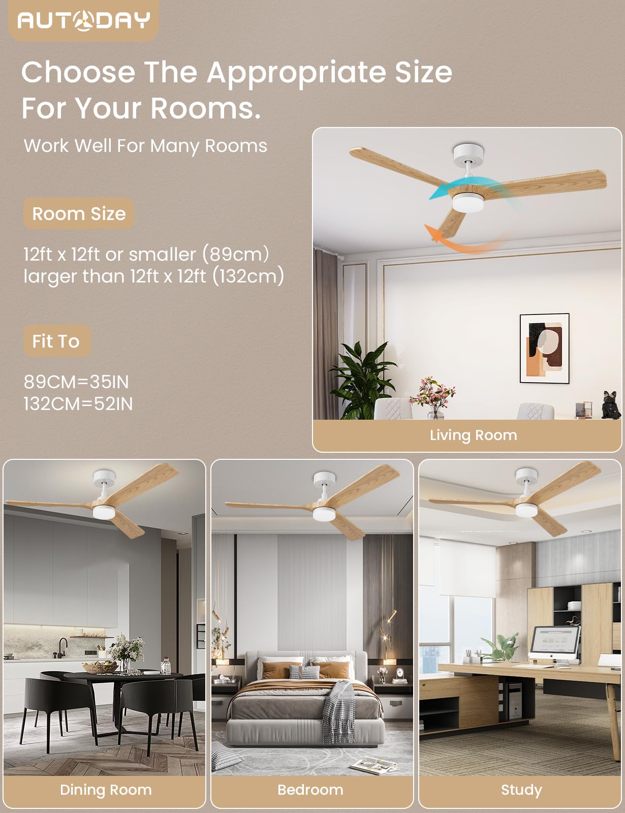 Legno Ventilatore da soffitto con luce 30W motore DC ultra silenzioso diametro 132cm con 3 pale reversibili Telecomando con funzione di memoria 6 velocità dimmerabile ventilatore soffitto