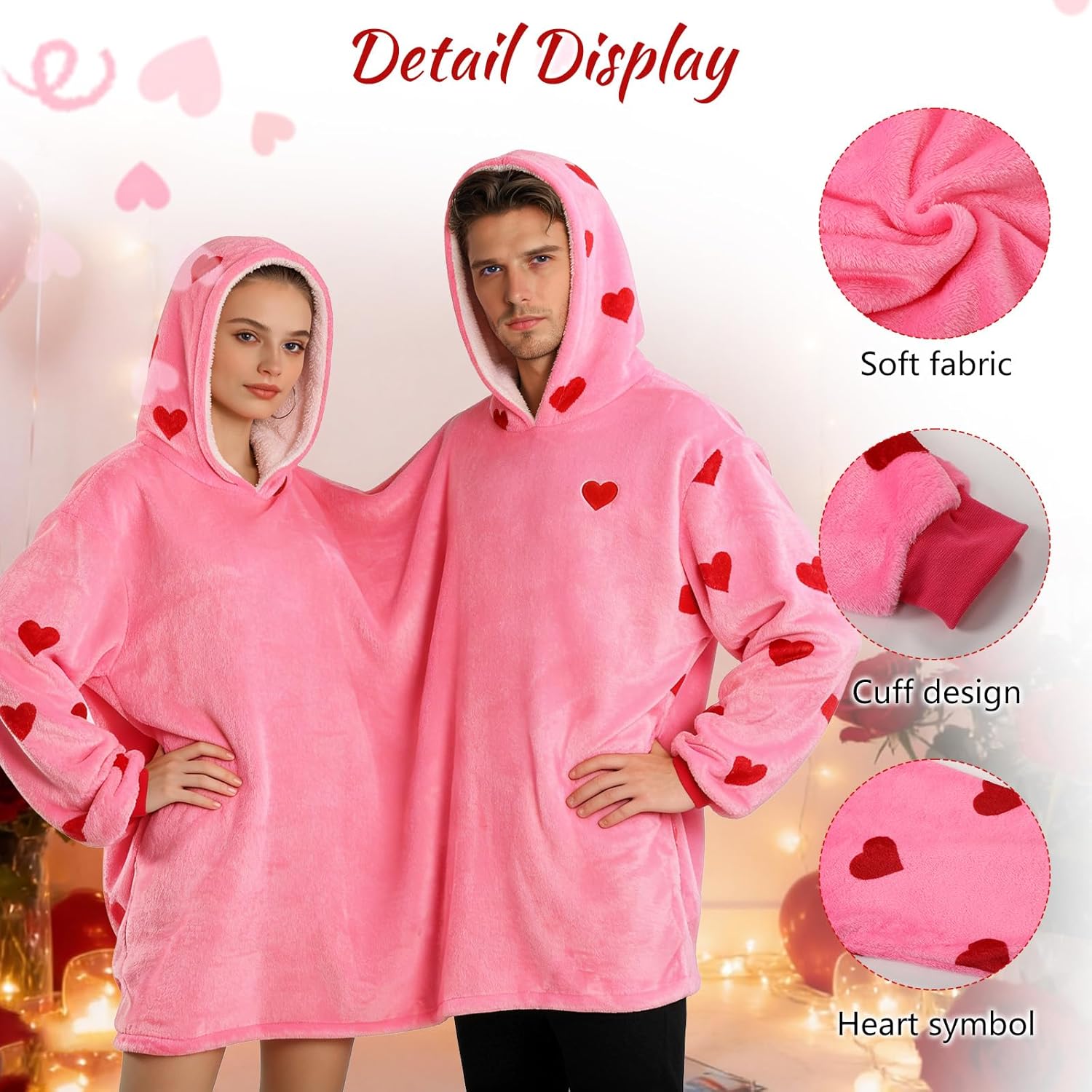 2 Person Hoodie Matching Pajamas for Couples Double Hoodie Twosie Blanket Sweatshirt with Pocket Plush Fleece