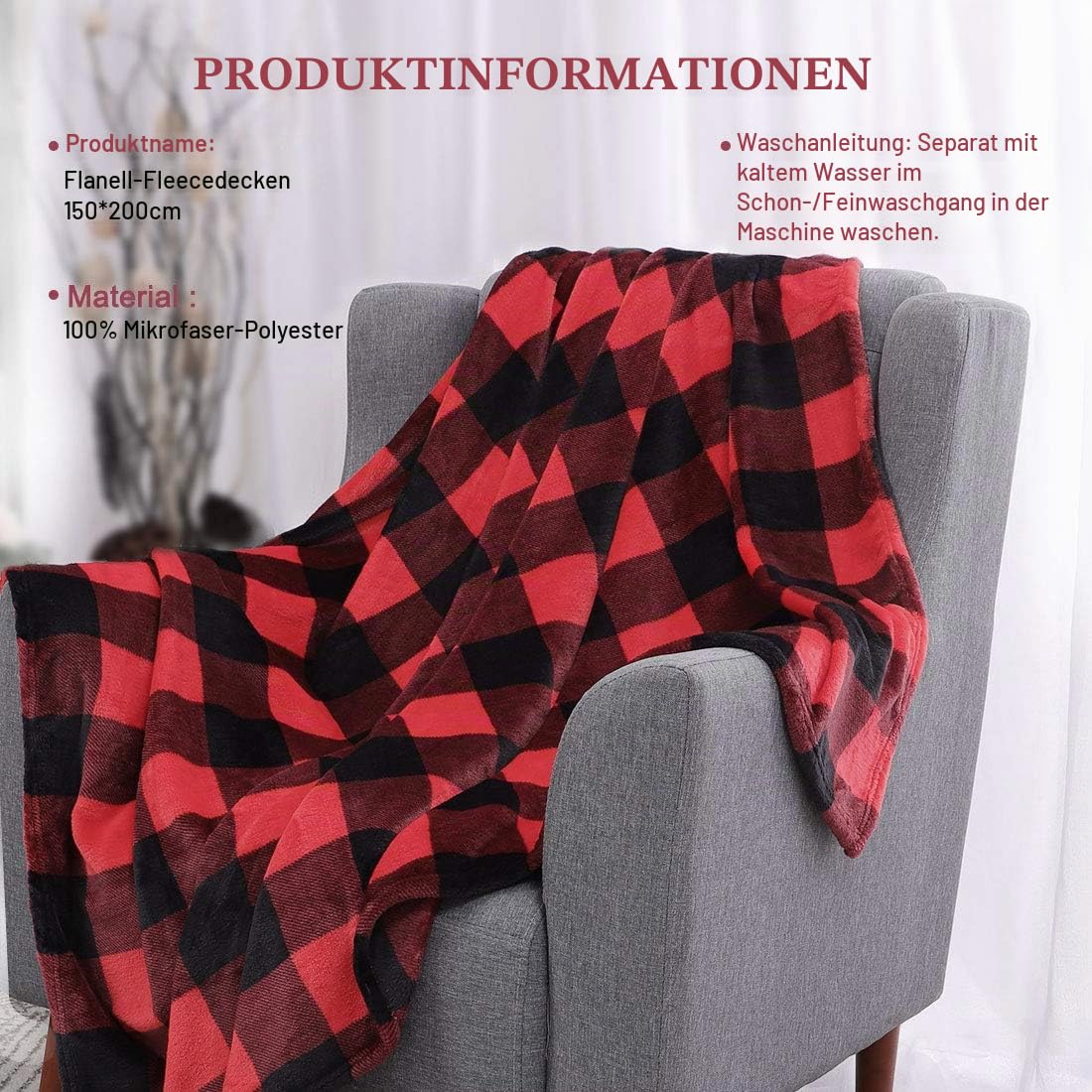 PiccoCasa Karierte Decke Wolldecke Große Decke Tagesdecke Fleecedecke Warme & weiche Wohn- & Kuscheldecke als Sofadecke/Couchdecke Sofaüberwurf Rot&Schwarz 150x200cm