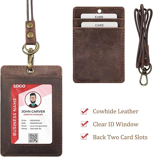 Miniatura 2 de Boshiho Portatarjetas de identificación de cuero de vaca de estilo vertical con cordón resistente (cuero genuino marrón oscuro)