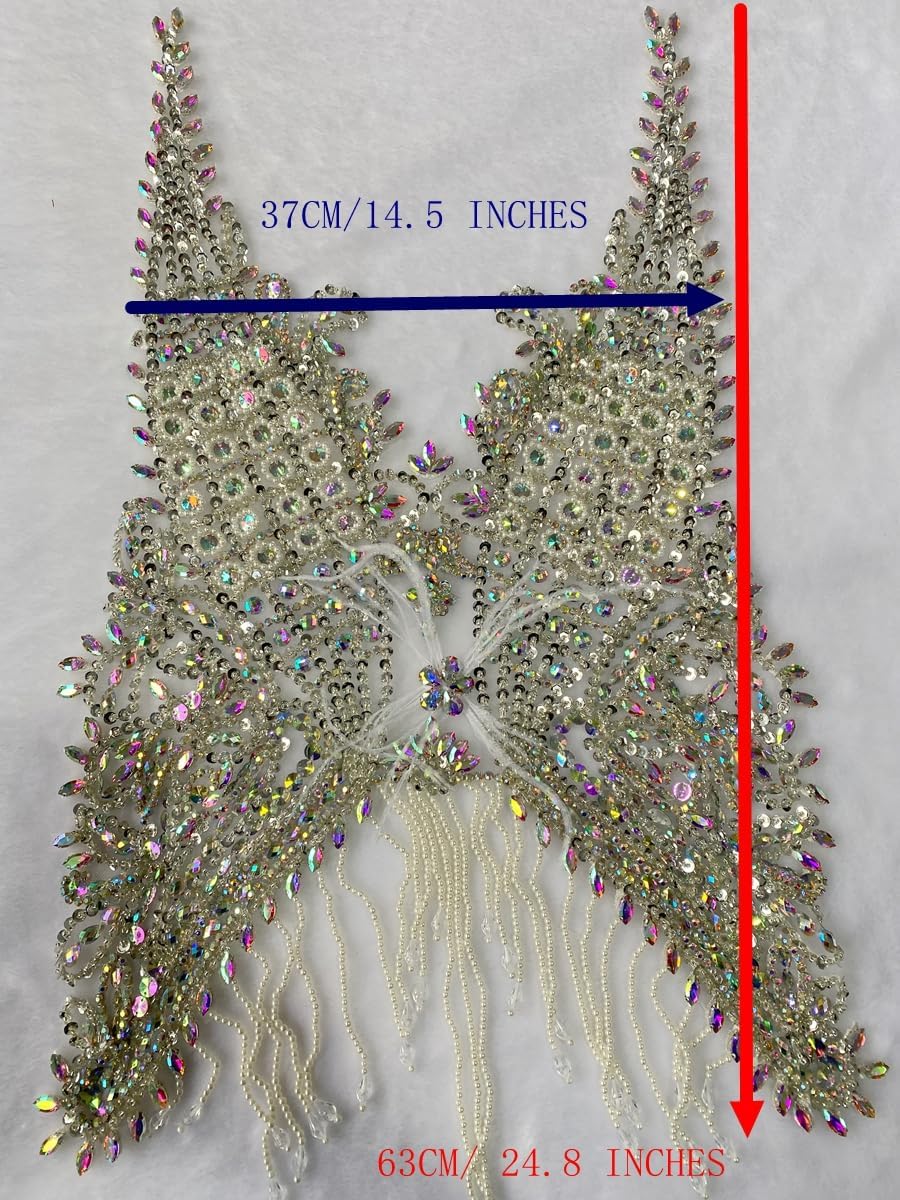 Handmade Shiny Rhinestones Bodice Appliques Hand-Sewing Beads Crystal Trim Patches Luxury Tassels Feathers Decorative Dress Accessories (Silver)
