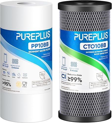 PUREPLUS Kit combinado de filtro de agua para toda la casa de 5 micras de 4.5 x 10 pulgadas con sedimentos y filtro de bloque de carbón activado,