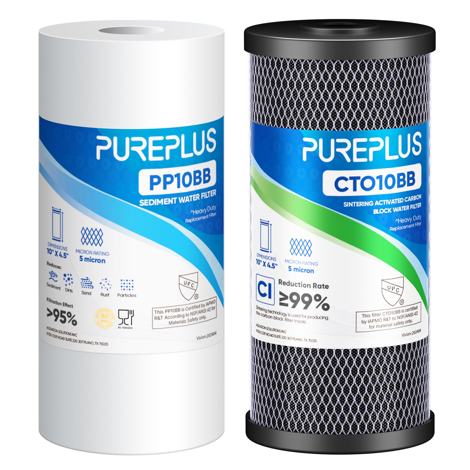 PUREPLUS Kit combinato con cartuccia filtro dell'acqua per tutta la casa, 11,4 x 25,4 cm, con filtro a blocchi di sedimenti e carbone attivo, kit di ricambio per filtraggio dell'acqua da 5 micron, 1