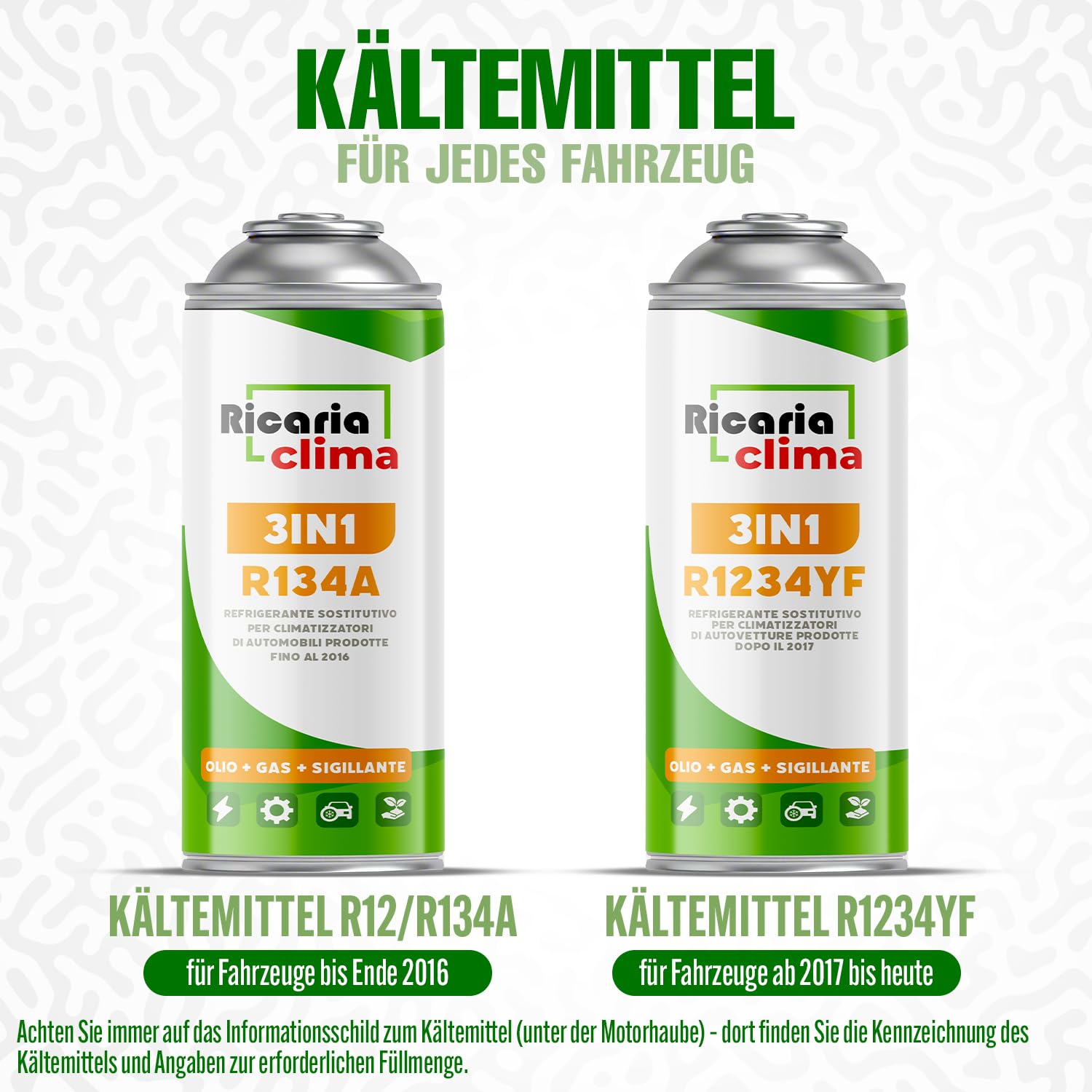 3in1 R134a Kältemittel Ersatzgas + Schlauch – Kühlmittel Klima Auto mit Klima Dichtmittel und Öl – Gasflasche 2x235 g – Auto Klimaanlage Nachfüllset – Klimaanlage Wohnmobil – ECO