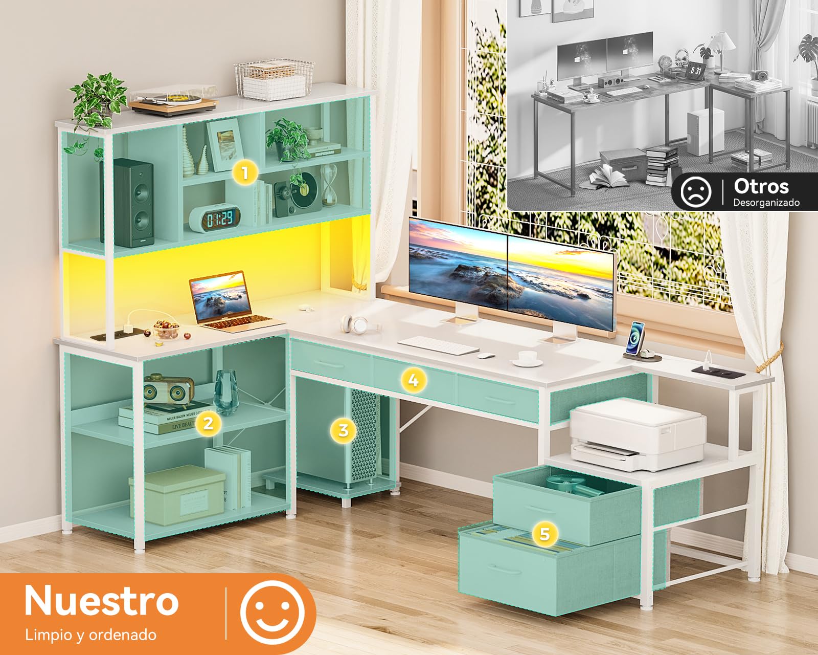 Coleshome Escritorio de Esquina en L con 5 Cajones, 4 Estantes, Luz LED, Tomas de Corriente y USB, Ideal para Oficina en Casa, Estudio o Juegos, Blanco, 200x110 cm