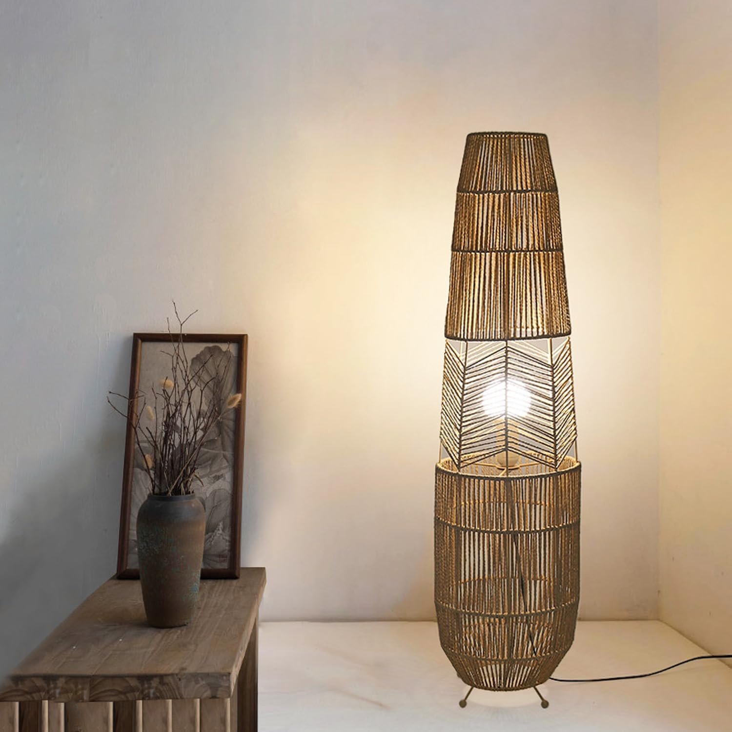 MIXL-Rope-Weaving Floor Lamp with Foot Switches,Dimmable Led Corner Tall Lamp,Minimalist Reading Lamp Floor Standing,Bohemian Style Standing Lamps for Bedroom Study and Living Room