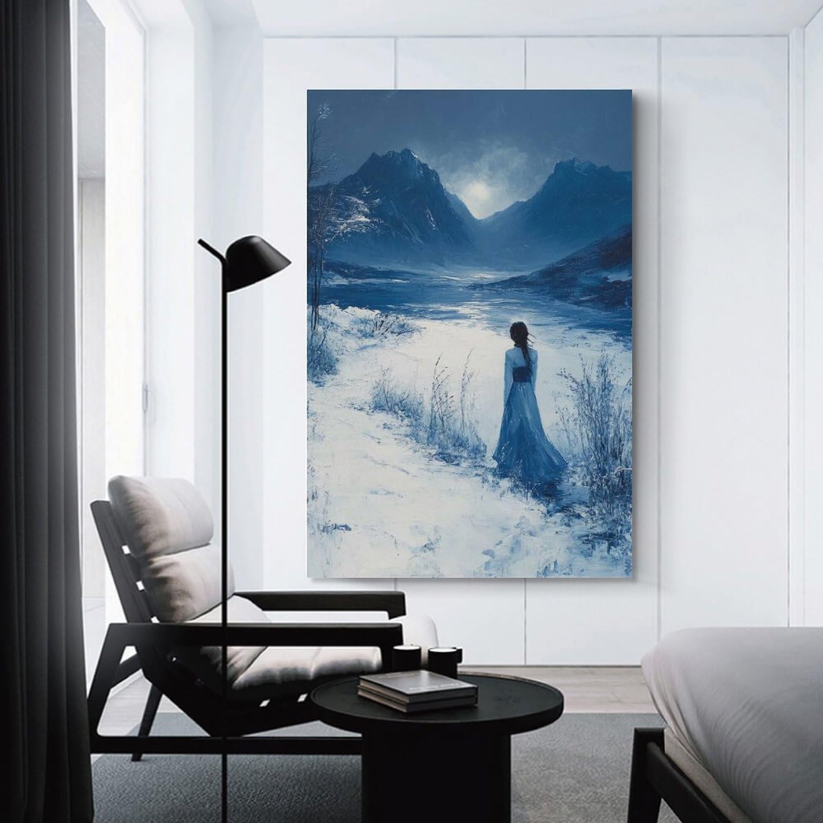 Junmoney Unframe-Style-7 Solitary Figure In Blue Landscape Wall Art Print, 20X30inch(50X75cm), For Living Room, Bedroom, Office Or Hallway, A Flexible Wall Accent For Shared Spaces
