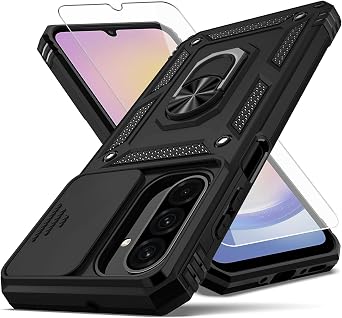 for Samsung Galaxy A17 5G Phone Case, Built in Slide Camera Lens Cover+Finger Ring Holder Kickstand+Screen Protector, Heavy Duty Shockproof Full Body Protective Case, Black