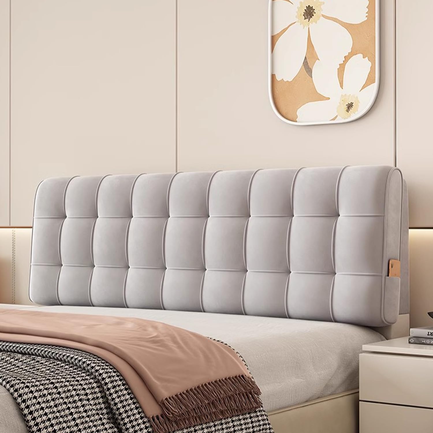 LZTET Bed Reading Cushion,Dutch Velvet Fabric,Thicken Anti-Scratch Anti-Dust Double Bed Headboard Cover,Washable Protector Slipcover For Bedroom Decoration(200 * 60 * 10cm(Paste),Light gray)