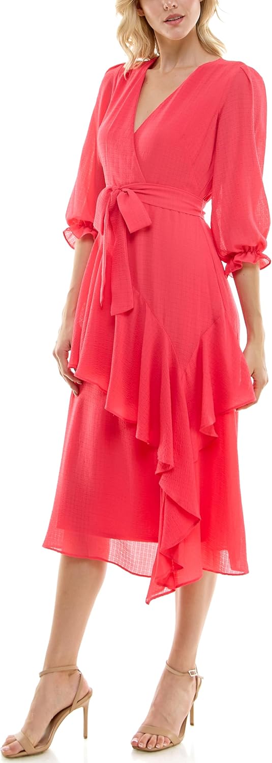 Maison Tara Womens 3/4 Sleeve Ruffle Front Faux Wrap Midi Dress - Image 2