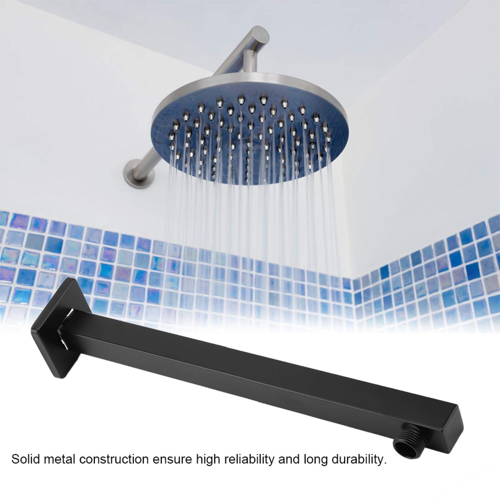 Brazo de Ducha Negro, Extensión de Brazo de Ducha de Acero, Cabezal de ducha recto cuadrado de acero inoxidable montado en la pared de 14 pulgadas brazo de extensión acceso al baño