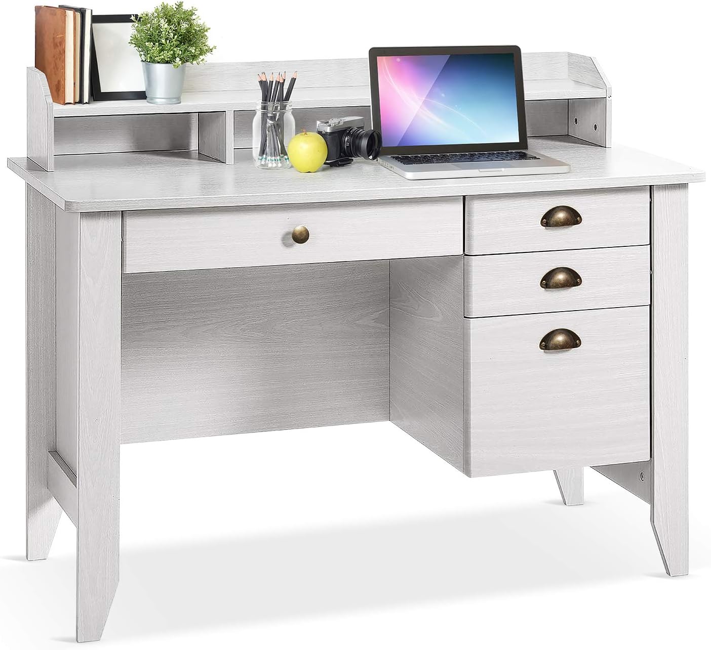 YAKEY Computer Desk with Drawers and Hutch, Home Office Desk,Wood Frame Vintage Style Student Table with 4 Drawers & Bookshelf, PC Laptop Notebook Desk, Spacious Writing Study Table(White)