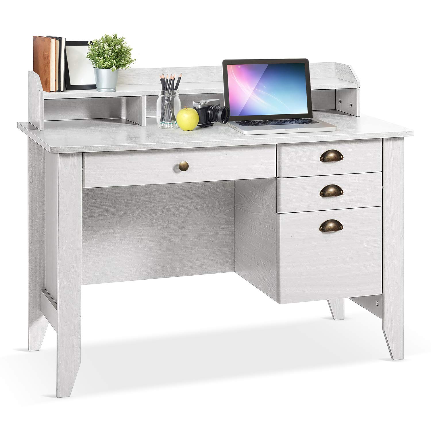 YAKEY Computer Desk with Drawers and Hutch, Home Office Desk,Wood Frame Vintage Style Student Table with 4 Drawers & Bookshelf, PC Laptop Notebook Desk, Spacious Writing Study Table(White)