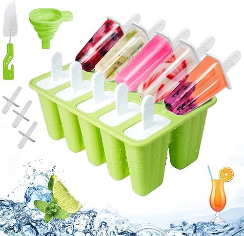 Moldes de silicona para paletas de hielo, sin BPA, reutilizables, 10 cavidades, máquina para hacer paletas con palitos de paletas, embudo y cepillo