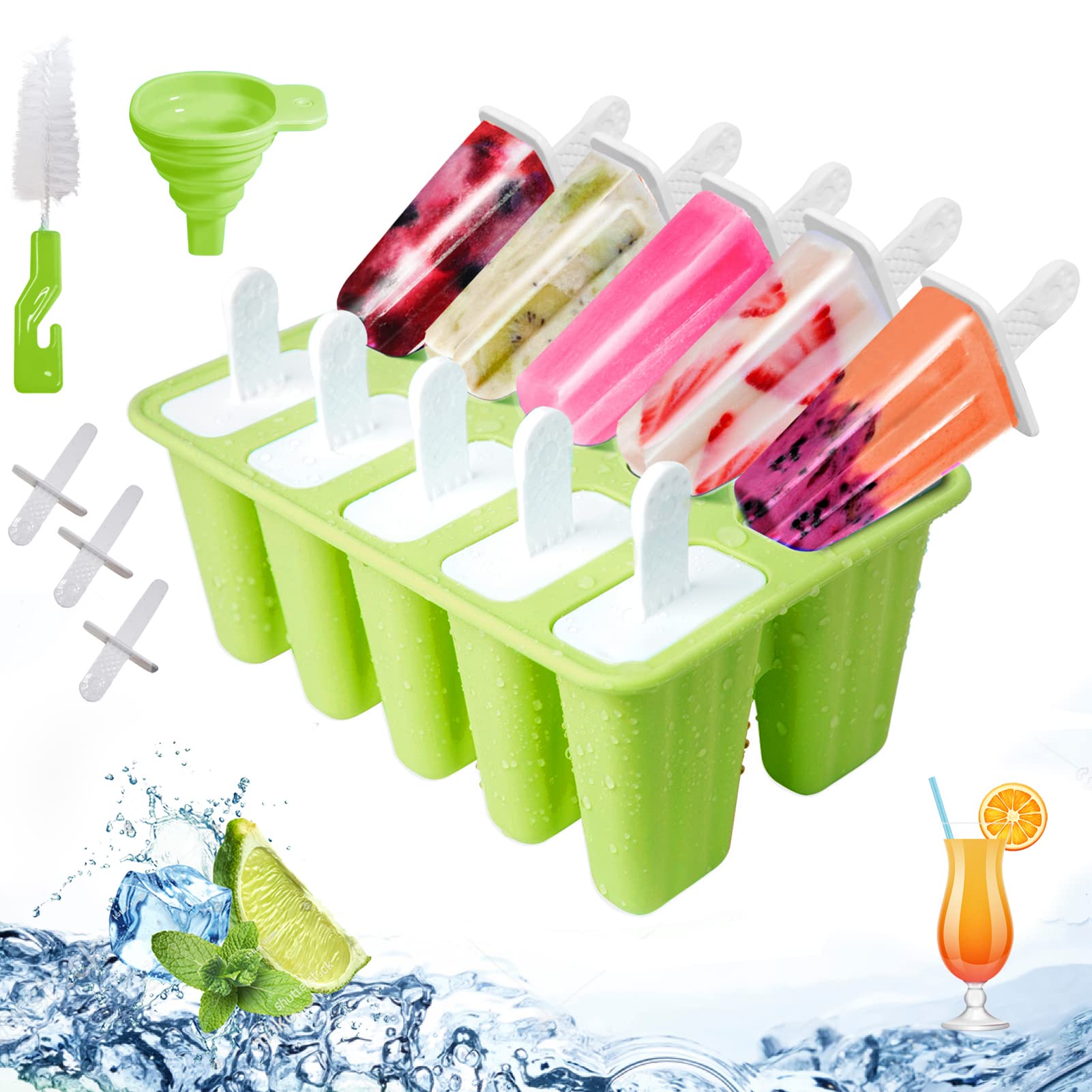 Popsicles Molds, Silicone Popsicle Mould BPA Free Ice Pop Molds Reusable 10 Cavities Popsicle Maker with Popsicle Sticks, Funnel and Cleaning Brush (Forest Green)