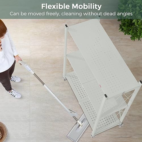 Miniatura 9 de DEANIC Estantes de almacenamiento plegables de 3 niveles con ruedas, soporte para electrodomésticos de cocina, estante de alambre de metal