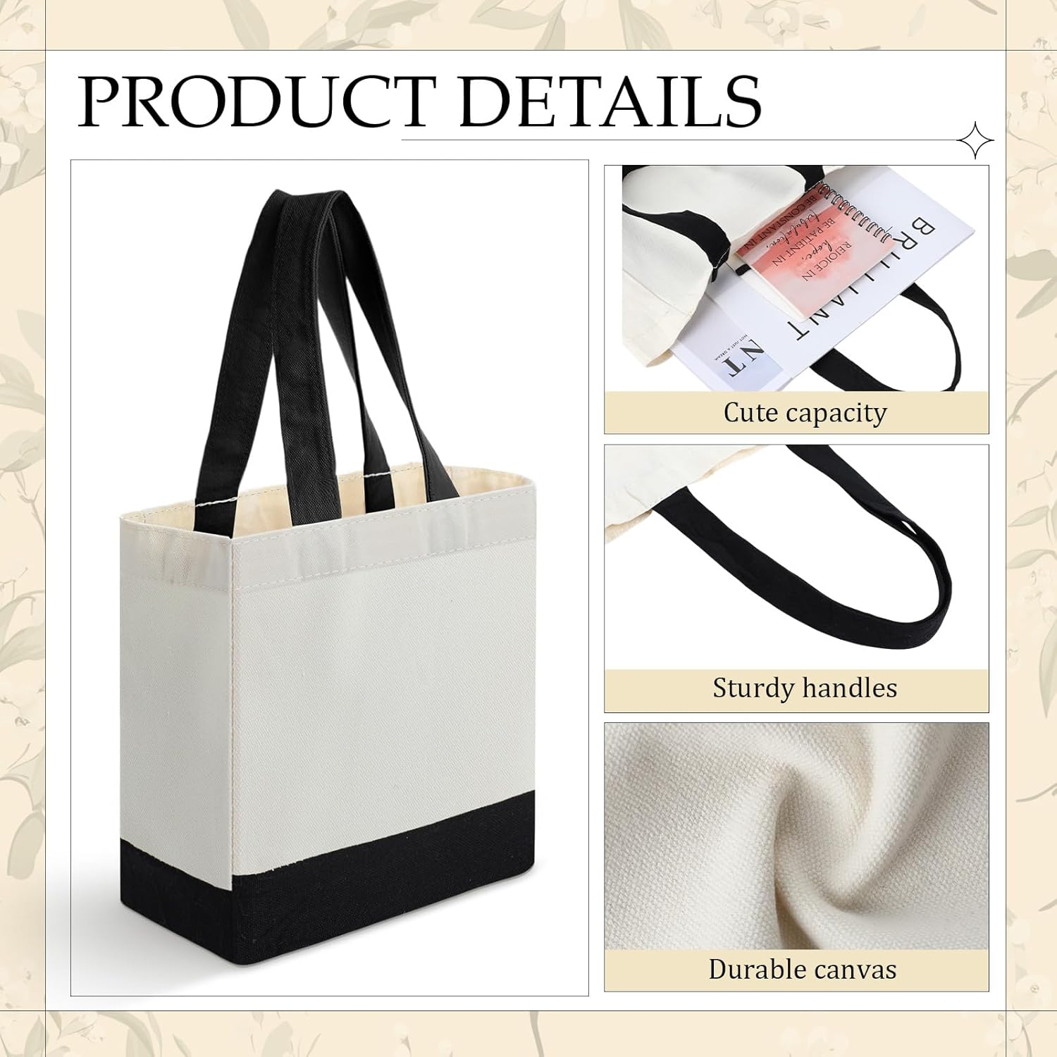 Sanwuta 24 Pack Mini Canvas Tote Bag 8'' x 4'' x 10'' Small Sublimation Blank Canvas Bags Reusable Tote for Christmas Crafts DIY Party Gifts (beige-black)