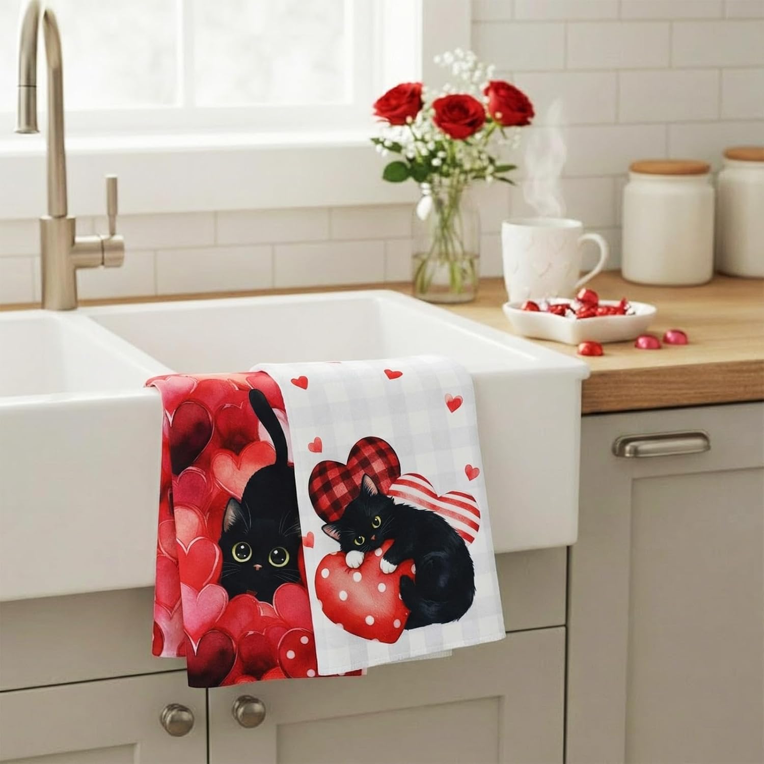 4 Pcs Cats Valentine's Day Kitchen Towels - Black Cat Red Heart Dish Hand Towels Valentines Day Bathroom Decor for Kitchen Anniversary Home Decorations Couple Gifts 26 x 17 Inch - Image 7
