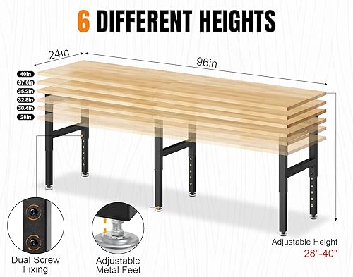 Miniatura 4 de Banco de trabajo ajustable de 96 pulgadas, capacidad de 5000 libras, banco de trabajo resistente con toma de corriente y tablero de clavijas, mesa