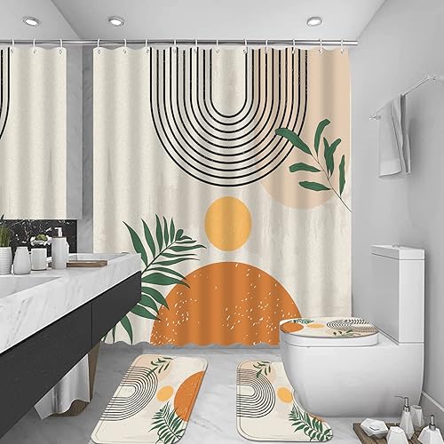 Miniatura 4 de FZDHHY Juego de cortinas de ducha de mediados de siglo con alfombras, decoración abstracta de baño, impermeable, cortina de ducha para baño con