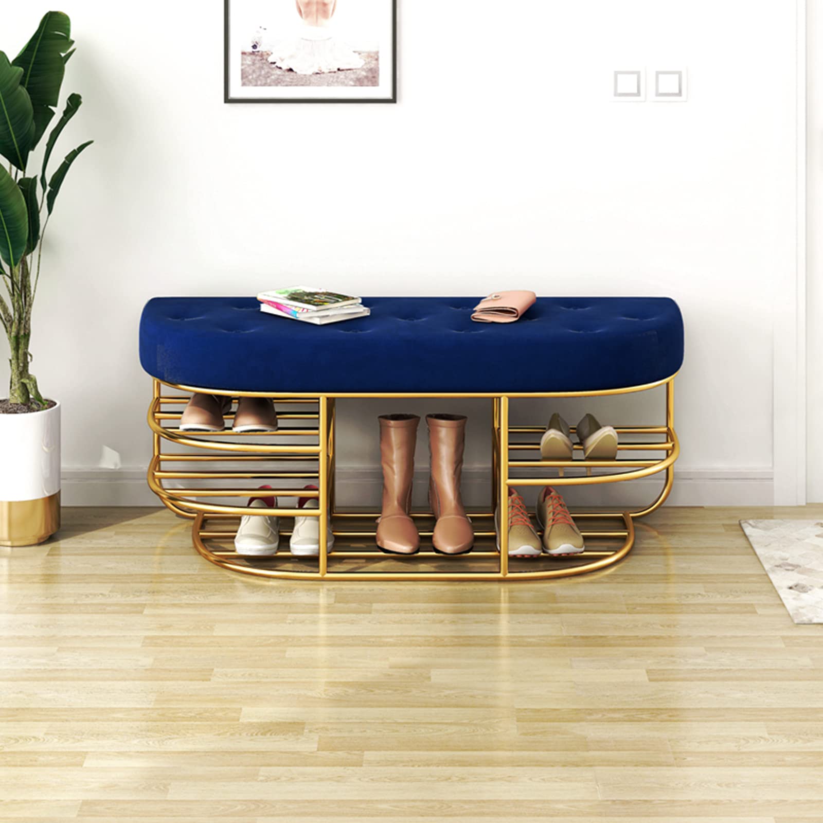 Tapicerowana ławka na buty z aksamitnym siedziskiem, meble akcentujące do salonu, stylowe przechowywanie i dekoracja wejścia, nowoczesny design do organizacji domu