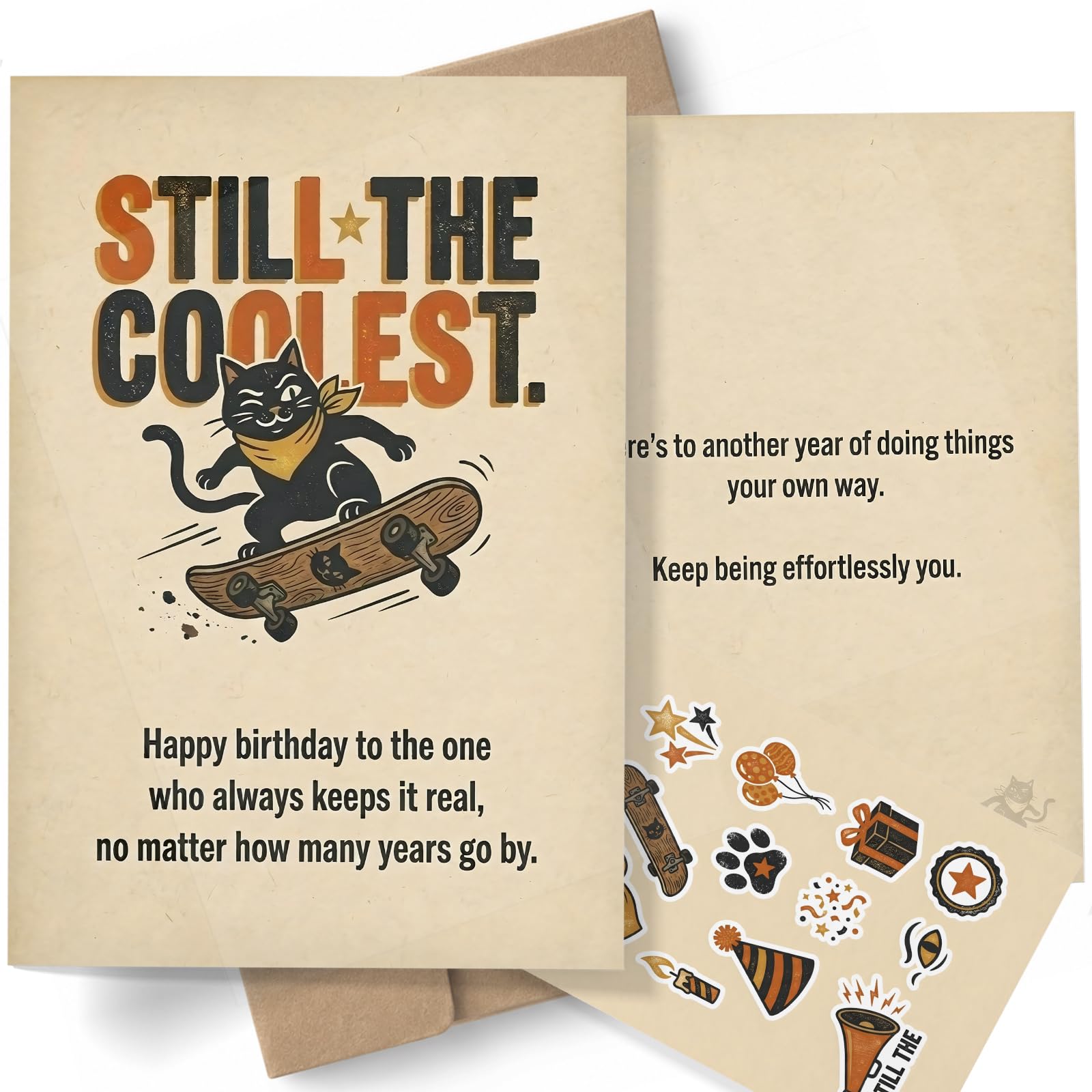 AIROW Vintage Black Cat Skateboard Birthday Card for Best Friend, Playful Retro Greeting Card - Standard A5 Size, Double-Sided Print, Original Design, Includes Kraft Envelope & Matching Sticker Sheet