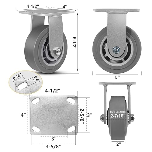 Miniatura 7 de NINOSO Ruedas giratorias de 5 pulgadas, ruedas rígidas de goma resistentes, juego de 4 ruedas giratorias industriales con ruedas de freno para