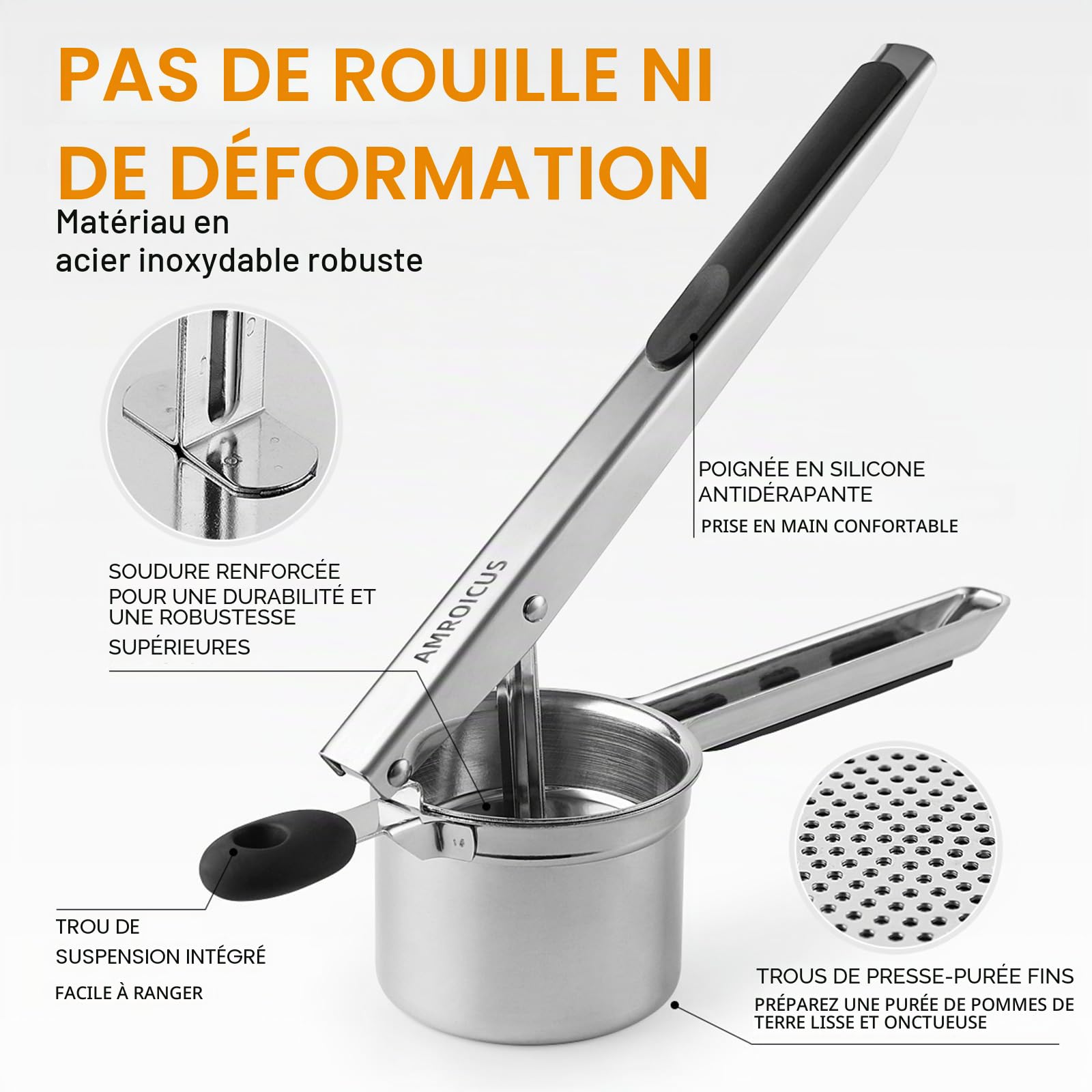 Presse-purée inox 450 ml fond perforé fixe, presse à pommes de terre grande capacité