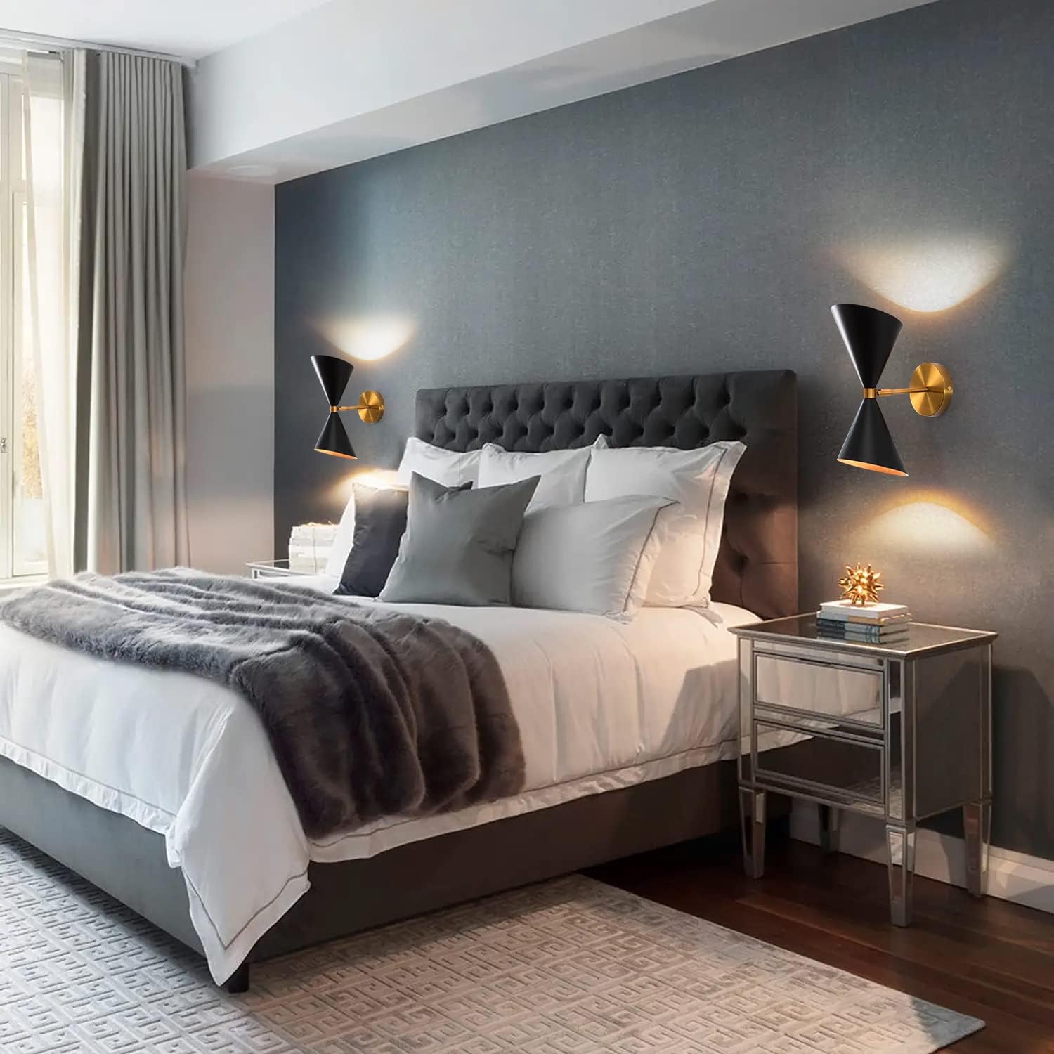 2-Light Mid Century Wall Sconce, Modern Wall Light Matte Black and Gold for Bedroom, Industrial Vanity Light Fixture Indoor for Living Room Bathroom Loft Foyer Entry Porch, E26