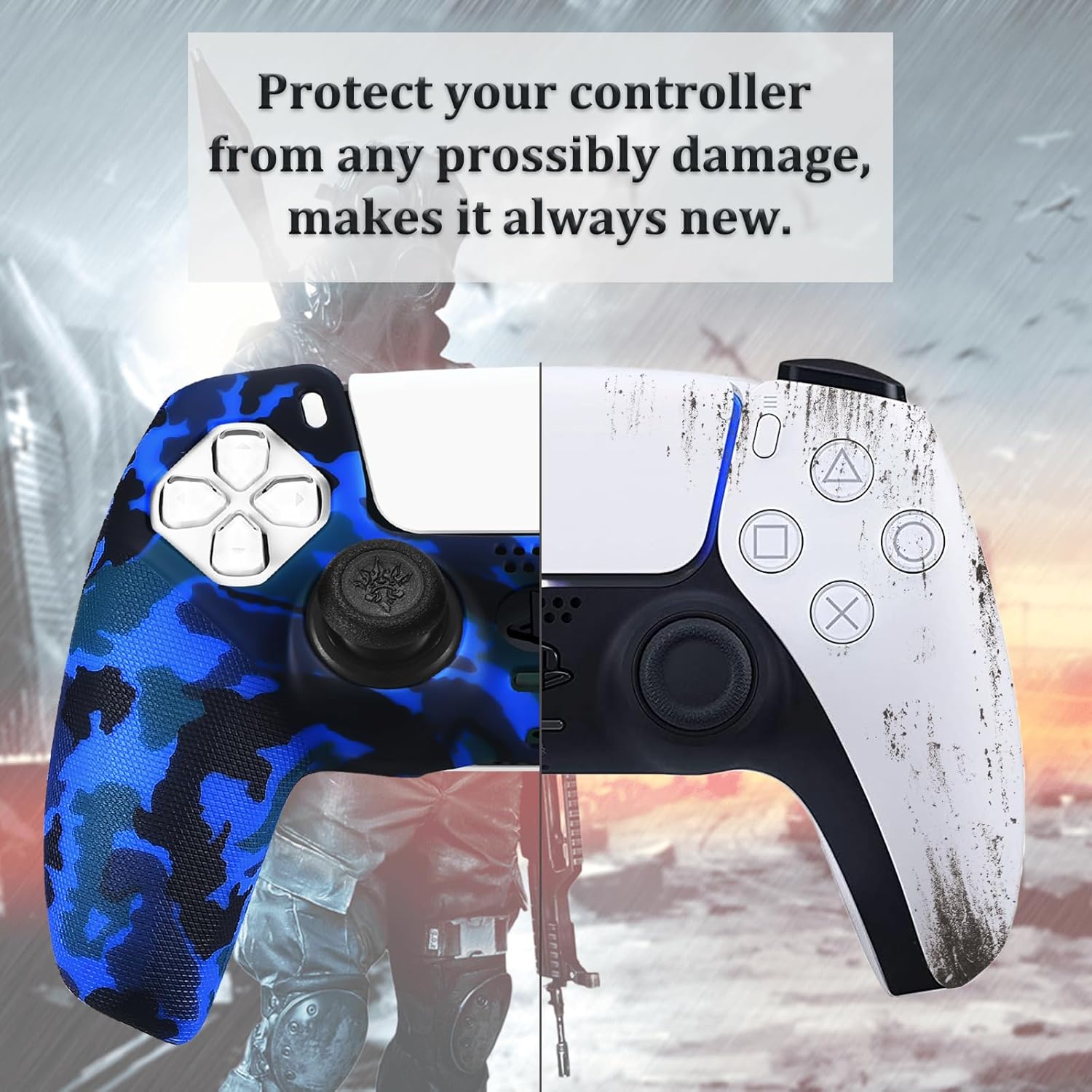 YoRHa Studded Printing Silicone Rubber Customizing Skin Cover for PS5 Dualsense Controller x 2(Red+Blue) with Pro Thumb Grips x 10 5 71e2pv4jRsL. AC SL1500